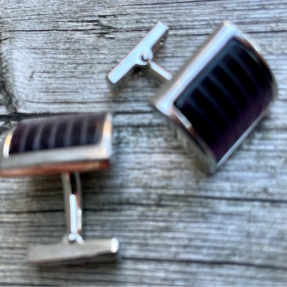 🟪 🟪 Kenneth Cole New York Amethyst Purple Striped Glass Silver Tone Cufflinks - Picture 2 of 12